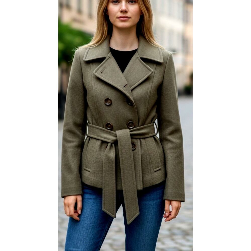 Y2K Wool Double Breasted Peacoat Tan Taupe Soft brushed Belted Coat Women’s S